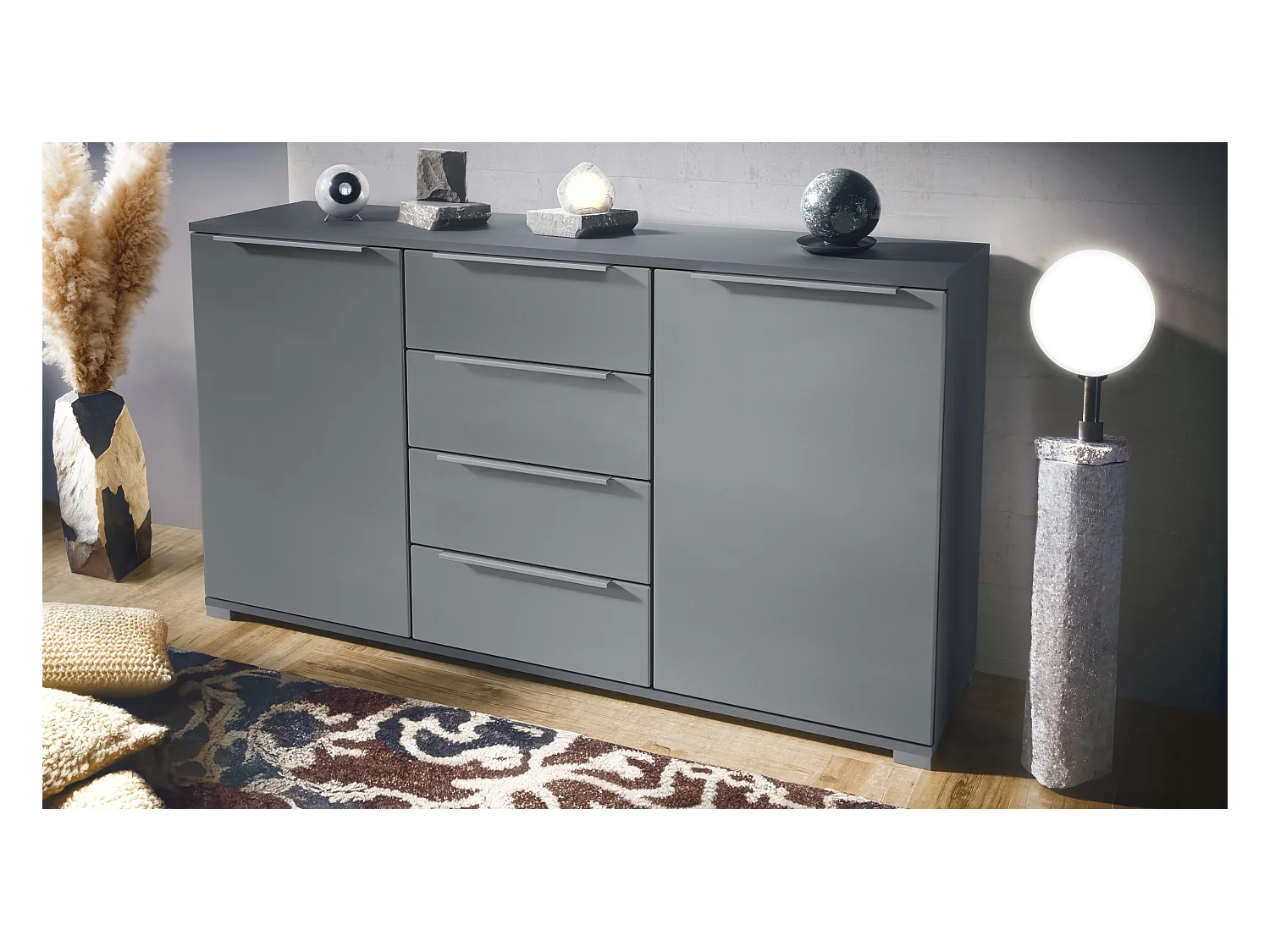 Buffet Linio V1, Enfilade avec 2 portes et 4 tiroirs, anthracite mat / graphite satiné mat (138,5 x 75,5 x 35 cm)