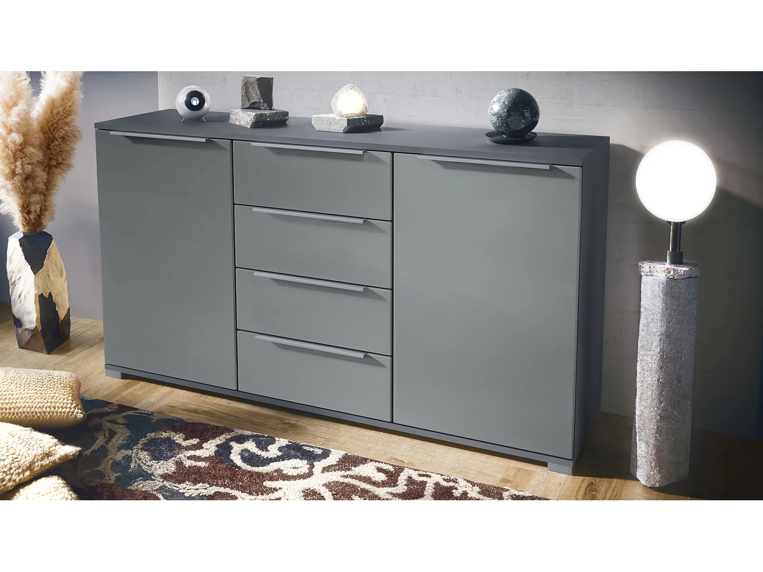 Buffet Linio V1, Enfilade avec 2 portes et 4 tiroirs, anthracite mat / graphite satiné mat (138,5 x 75,5 x 35 cm)