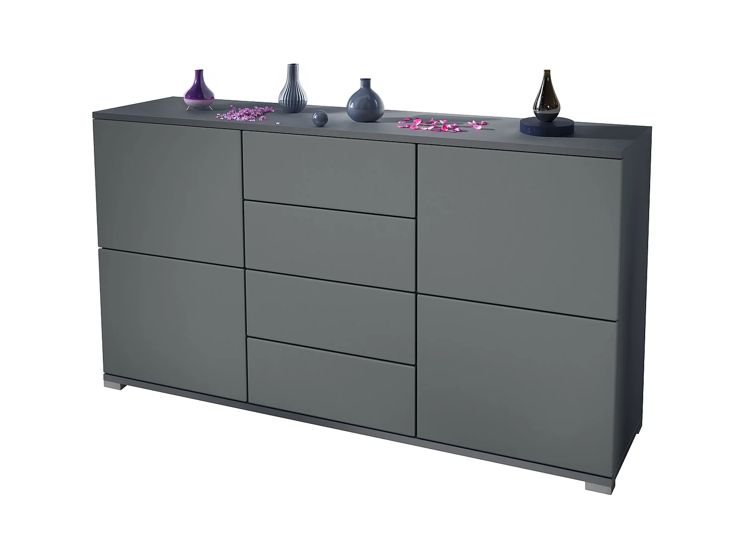 Buffet Rova V1 – Meuble avec 4 Portes et 4 Tiroirs, anthracite mat/graphite satiné mat (138,5 x 75,5 x 35)