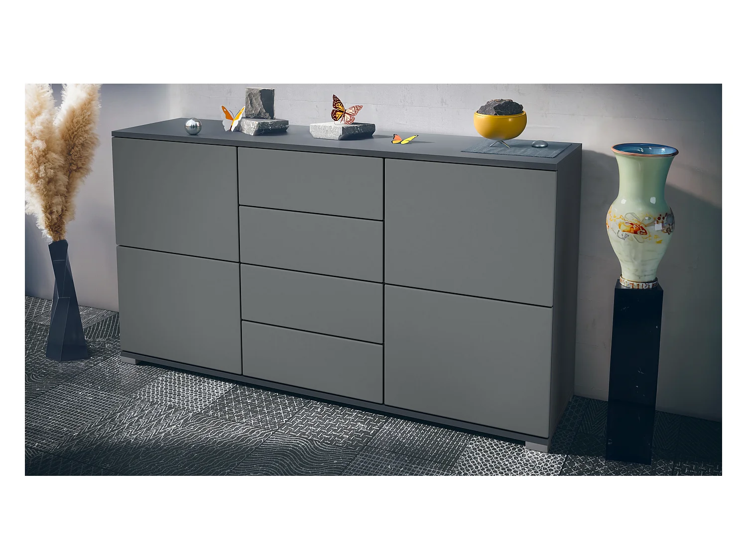 Buffet Rova V1 – Meuble avec 4 Portes et 4 Tiroirs, anthracite mat/graphite satiné mat (138,5 x 75,5 x 35)