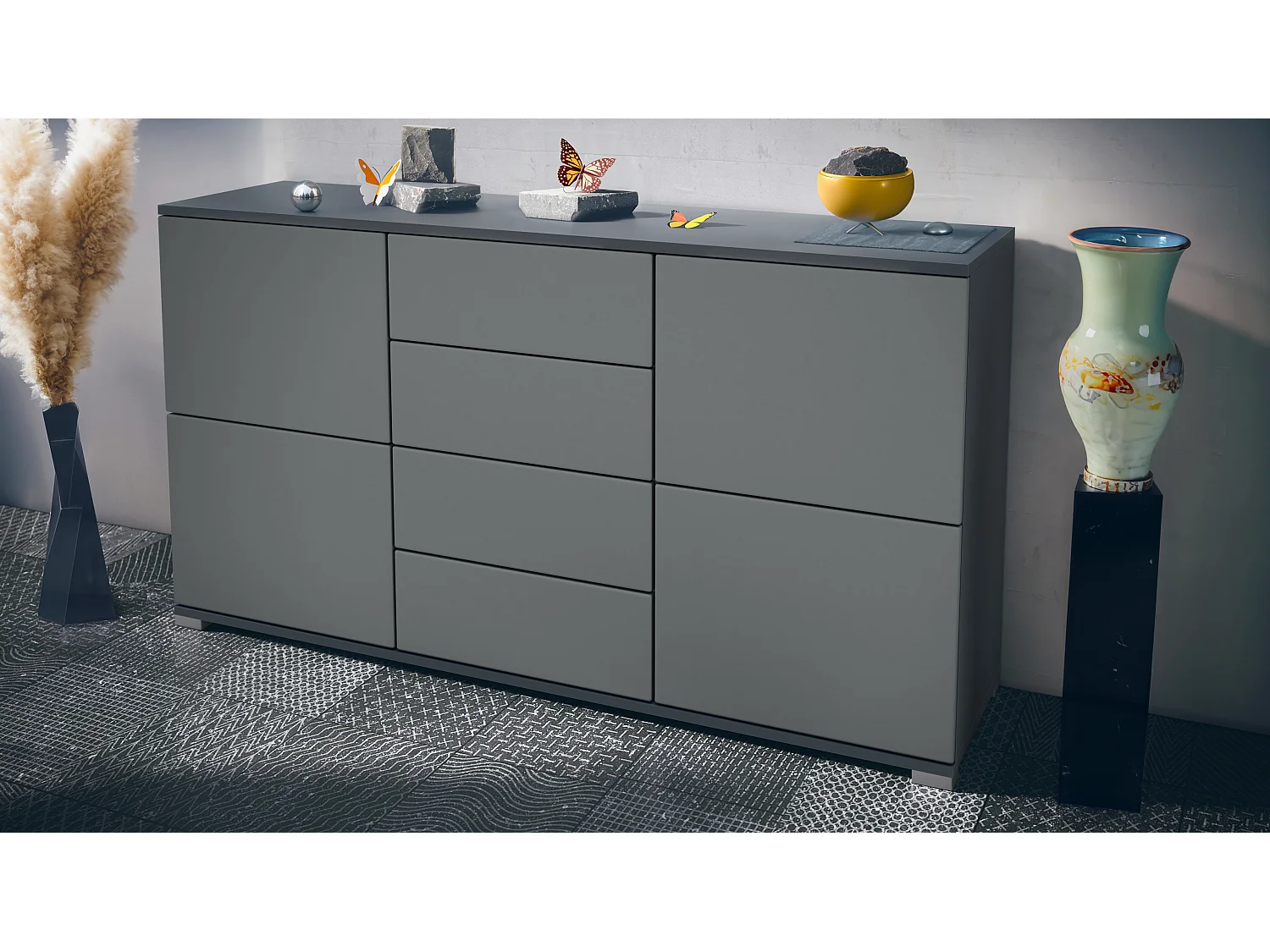 Buffet Rova V1 – Meuble avec 4 Portes et 4 Tiroirs, anthracite mat/graphite satiné mat (138,5 x 75,5 x 35)