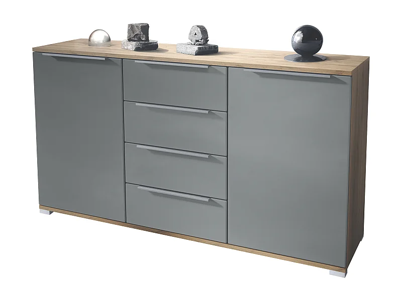 Buffet Linio V1, Enfilade avec 2 portes et 4 tiroirs, Chêne Evoke / graphite satiné mat (138,5 x 75,5 x 35 cm)