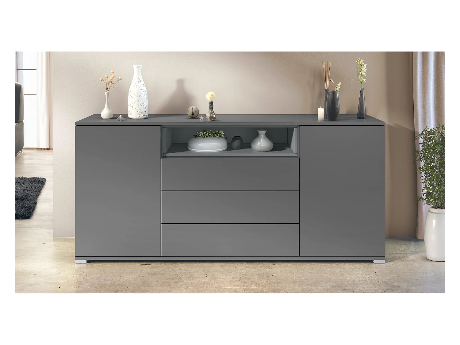 Skadu V4 Buffet, Commode avec 2 portes, 3 tiroirs et 1 compartiment ouvert, anthracite mat/graphite satiné mat (166,5 x 75,5 x 35 cm)