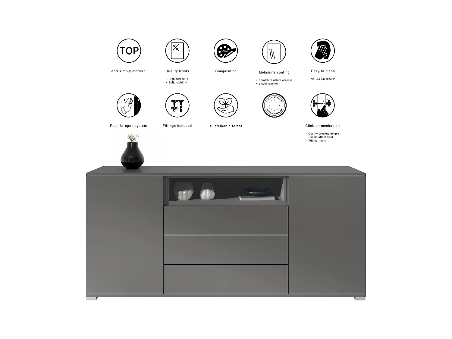 Skadu V4 Buffet, Commode avec 2 portes, 3 tiroirs et 1 compartiment ouvert, anthracite mat/graphite satiné mat (166,5 x 75,5 x 35 cm)