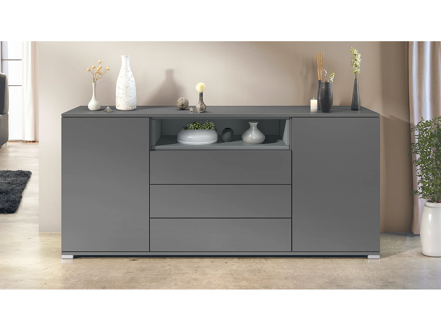 Skadu V4 Buffet, Commode avec 2 portes, 3 tiroirs et 1 compartiment ouvert, anthracite mat/graphite satiné mat (166,5 x 75,5 x 35 cm)