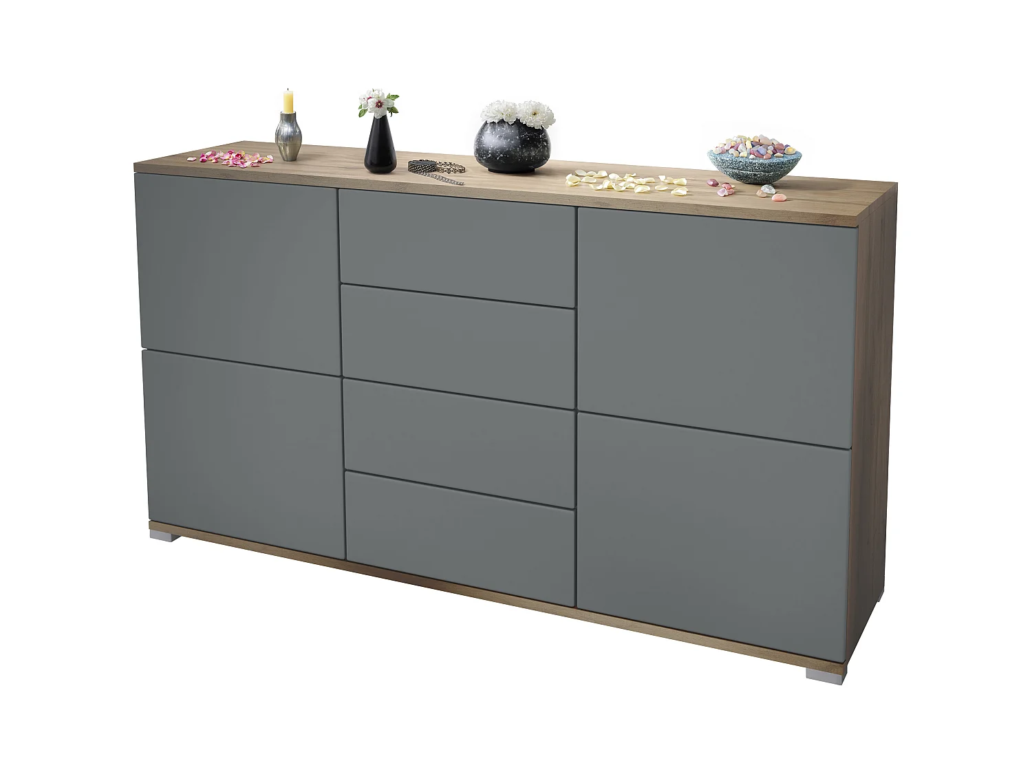 Buffet Rova V1 – Meuble avec 4 Portes et 4 Tiroirs, Chêne Evoke/graphite satiné mat (138,5 x 75,5 x 35)