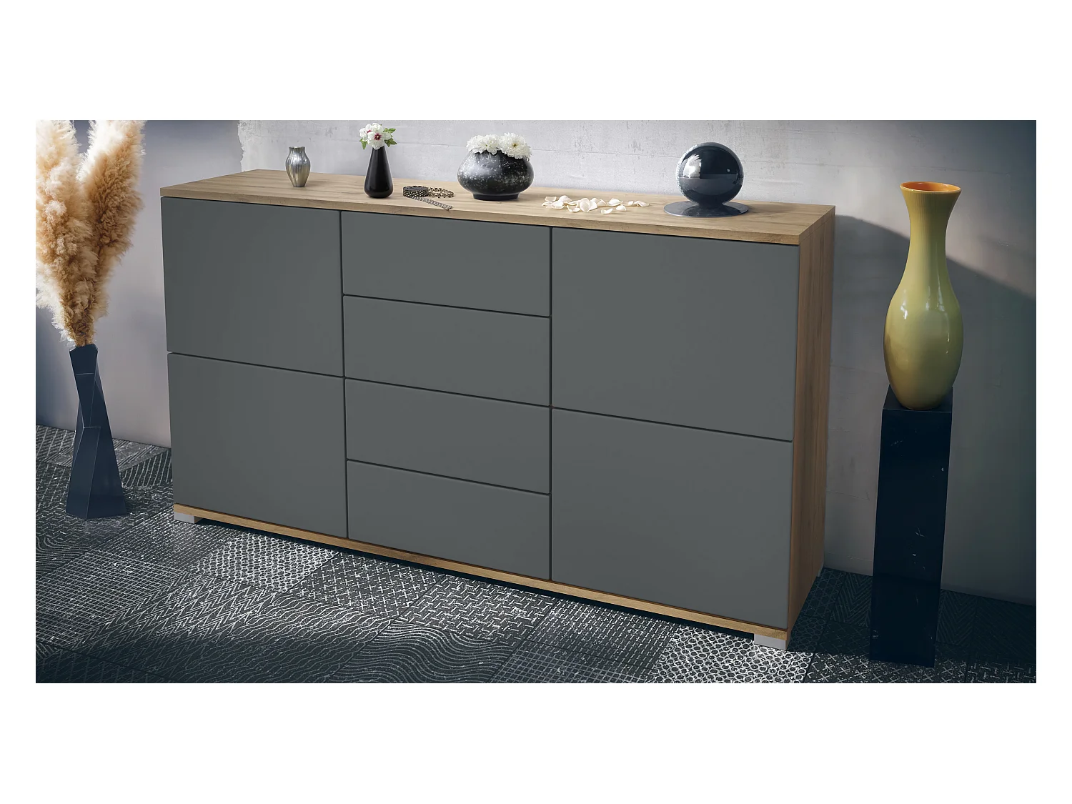 Buffet Rova V1 – Meuble avec 4 Portes et 4 Tiroirs, Chêne Evoke/graphite satiné mat (138,5 x 75,5 x 35)