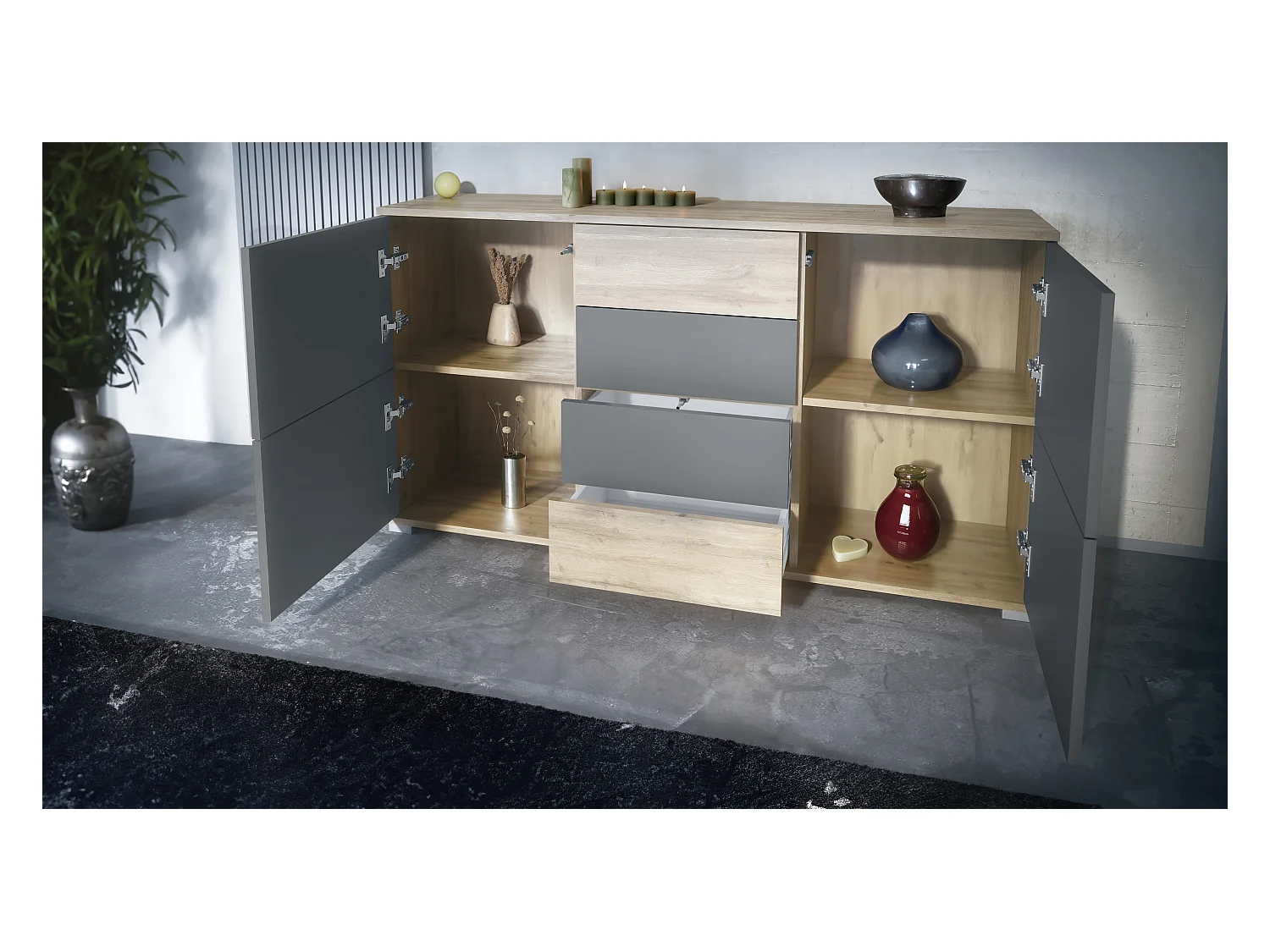 Buffet Rova V1 – Meuble avec 4 Portes et 4 Tiroirs, Chêne Evoke/graphite satiné mat (138,5 x 75,5 x 35)