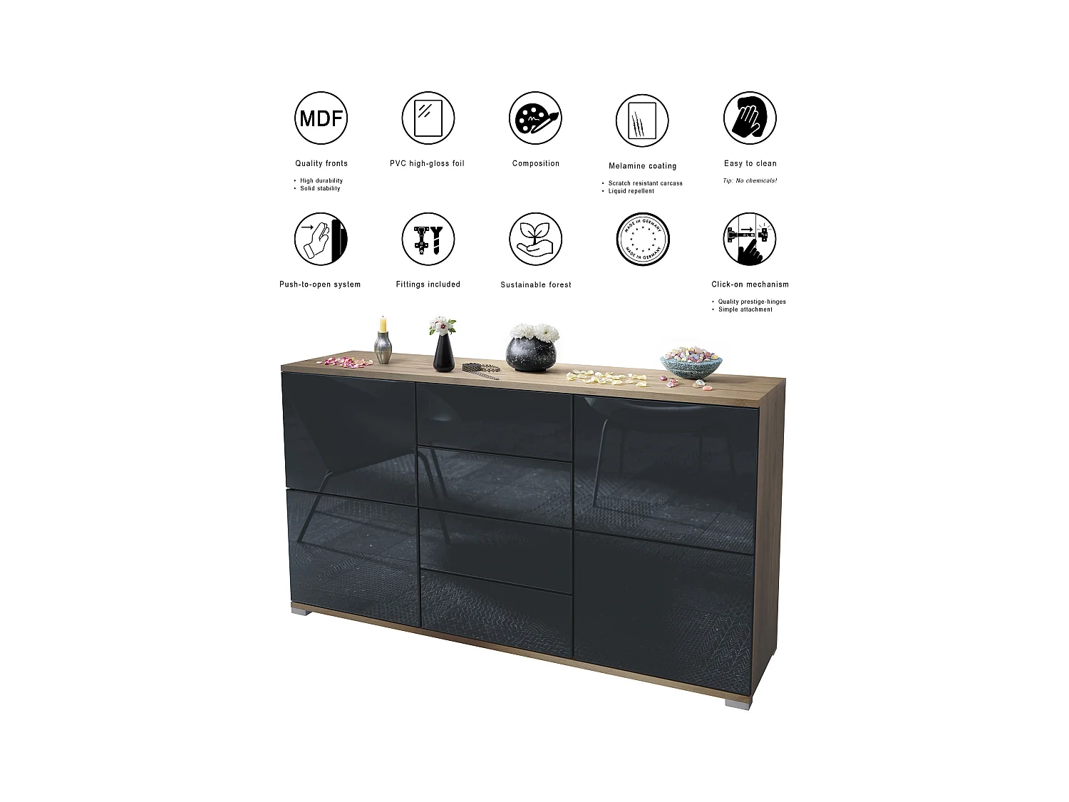 Buffet Rova V1 – Meuble avec 4 Portes et 4 Tiroirs, Chêne Evoke/graphite satiné mat (138,5 x 75,5 x 35)