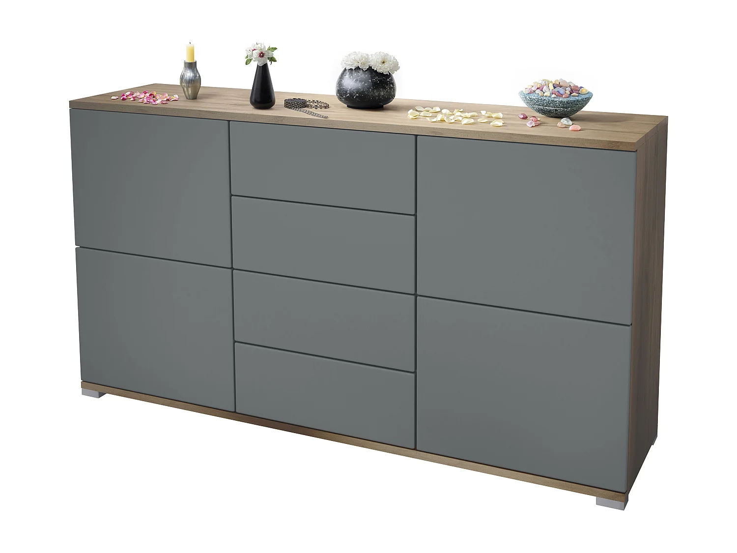 Buffet Rova V1 – Meuble avec 4 Portes et 4 Tiroirs, Chêne Evoke/graphite satiné mat (138,5 x 75,5 x 35)
