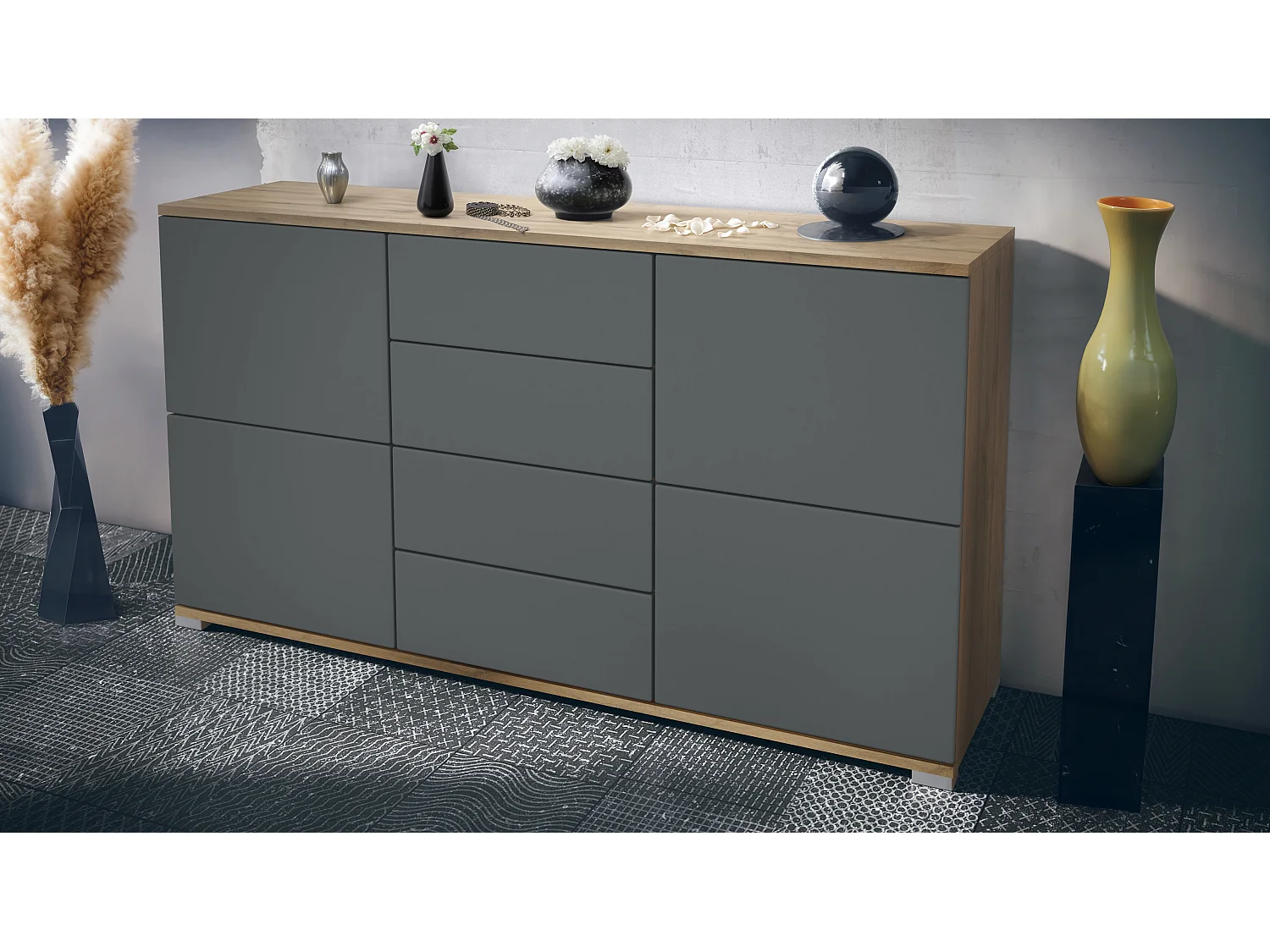 Buffet Rova V1 – Meuble avec 4 Portes et 4 Tiroirs, Chêne Evoke/graphite satiné mat (138,5 x 75,5 x 35)