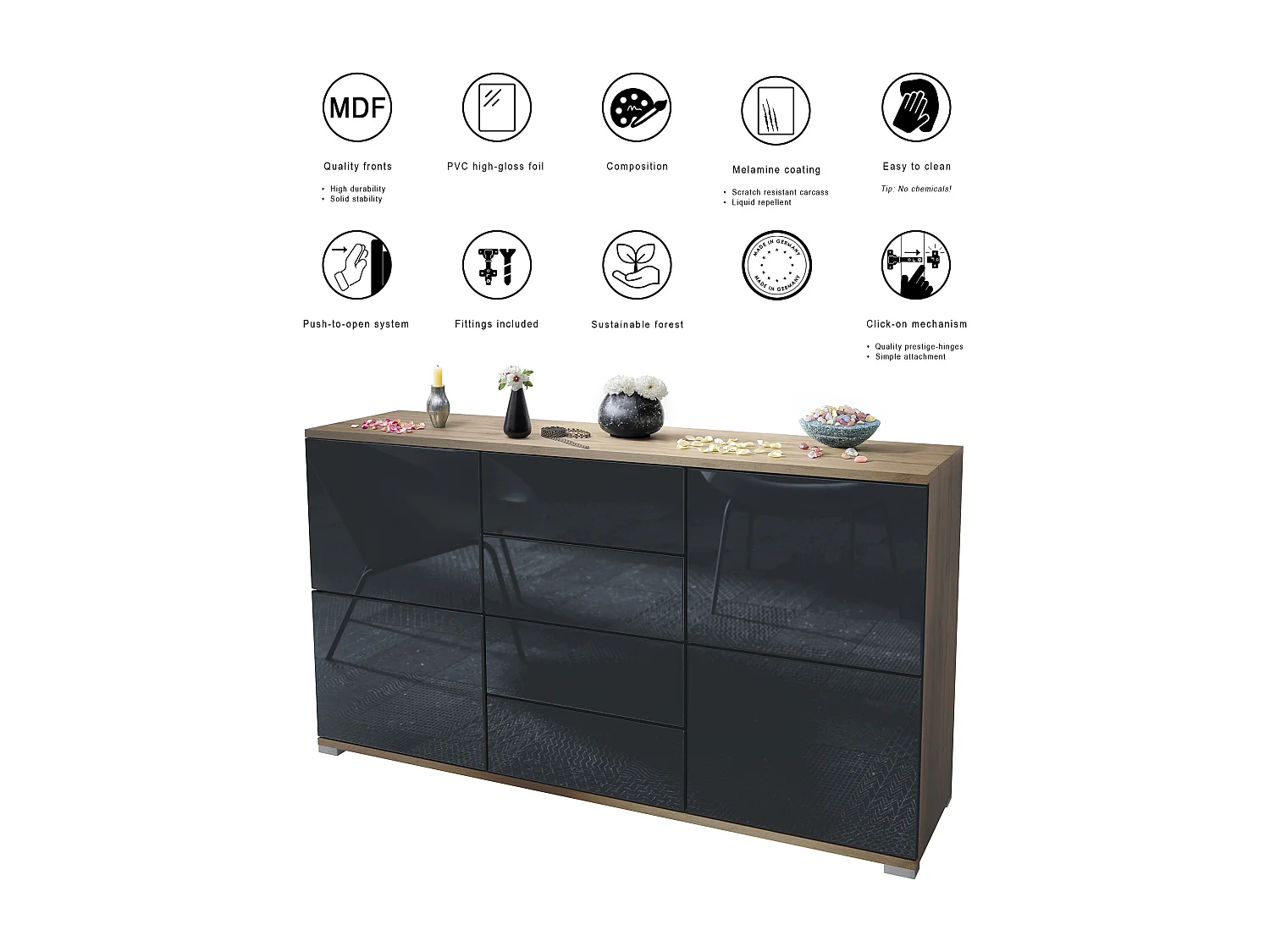 Buffet Rova V1 – Meuble avec 4 Portes et 4 Tiroirs, Chêne Evoke/graphite satiné mat (138,5 x 75,5 x 35)