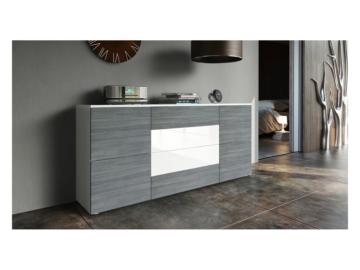 Buffet Rova, Commode avec 4 portes et 4 tiroirs, Blanc mat/Avola-Anthracite (166 x 72 x 35 cm)