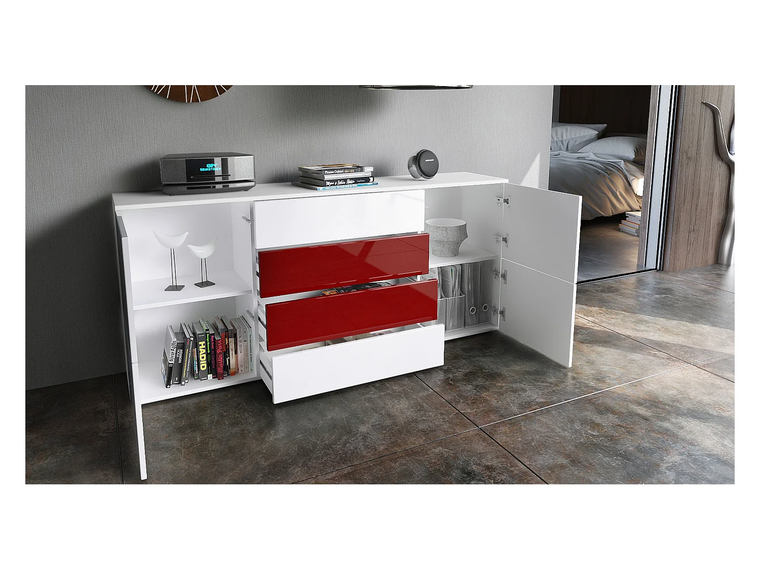 Buffet Rova, Commode avec 4 portes et 4 tiroirs, Blanc mat/Avola-Anthracite (166 x 72 x 35 cm)
