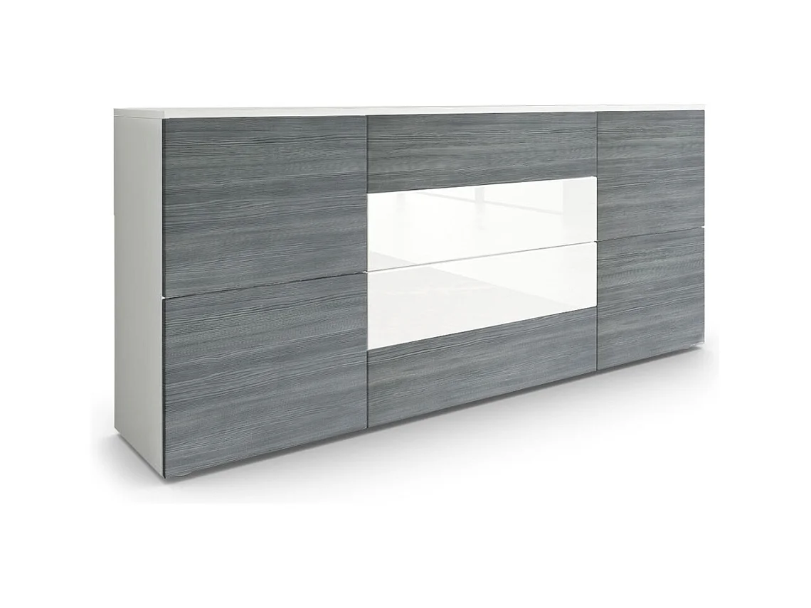 Buffet Rova, Commode avec 4 portes et 4 tiroirs, Blanc mat/Avola-Anthracite (166 x 72 x 35 cm)