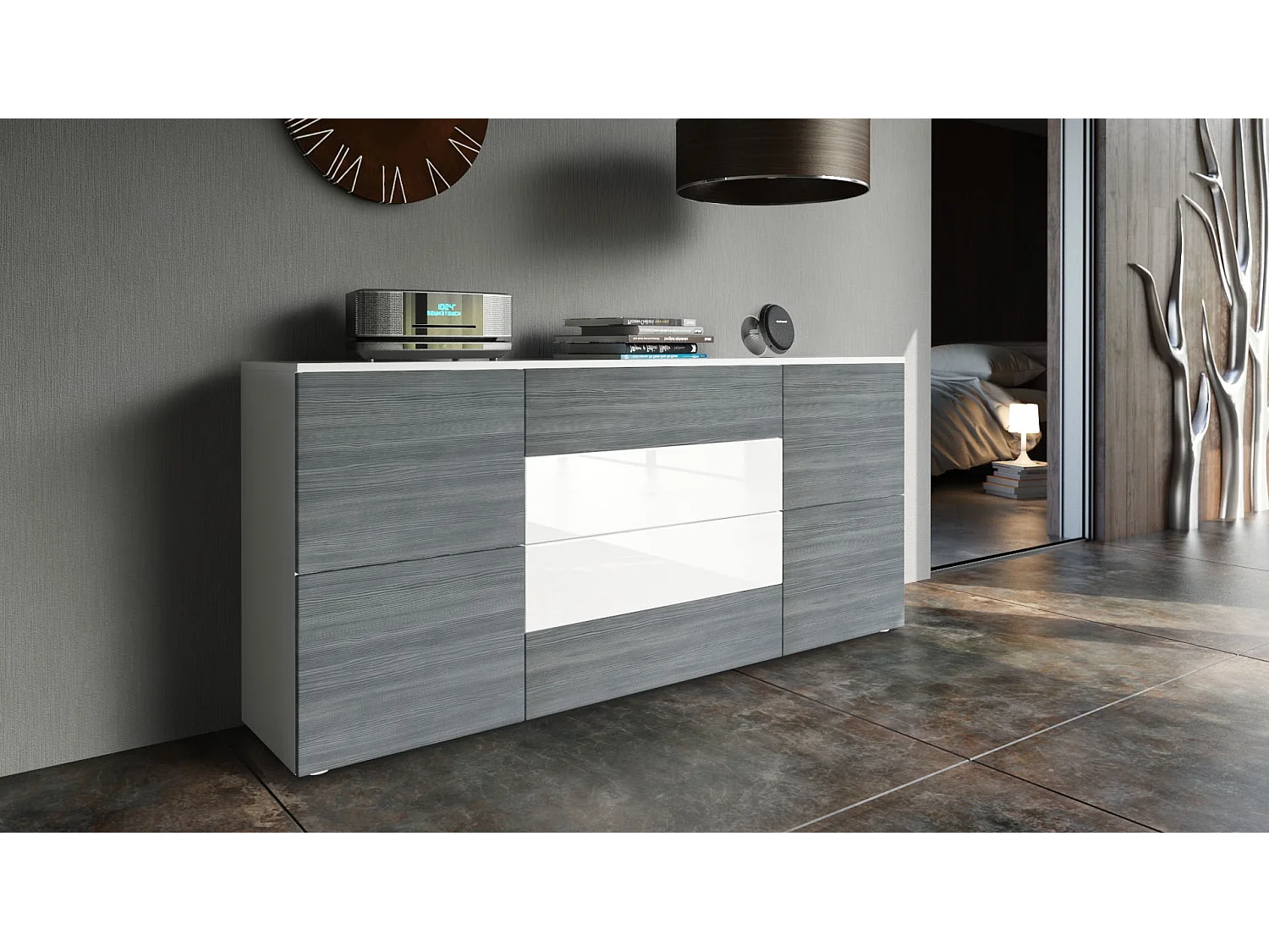 Buffet Rova, Commode avec 4 portes et 4 tiroirs, Blanc mat/Avola-Anthracite (166 x 72 x 35 cm)