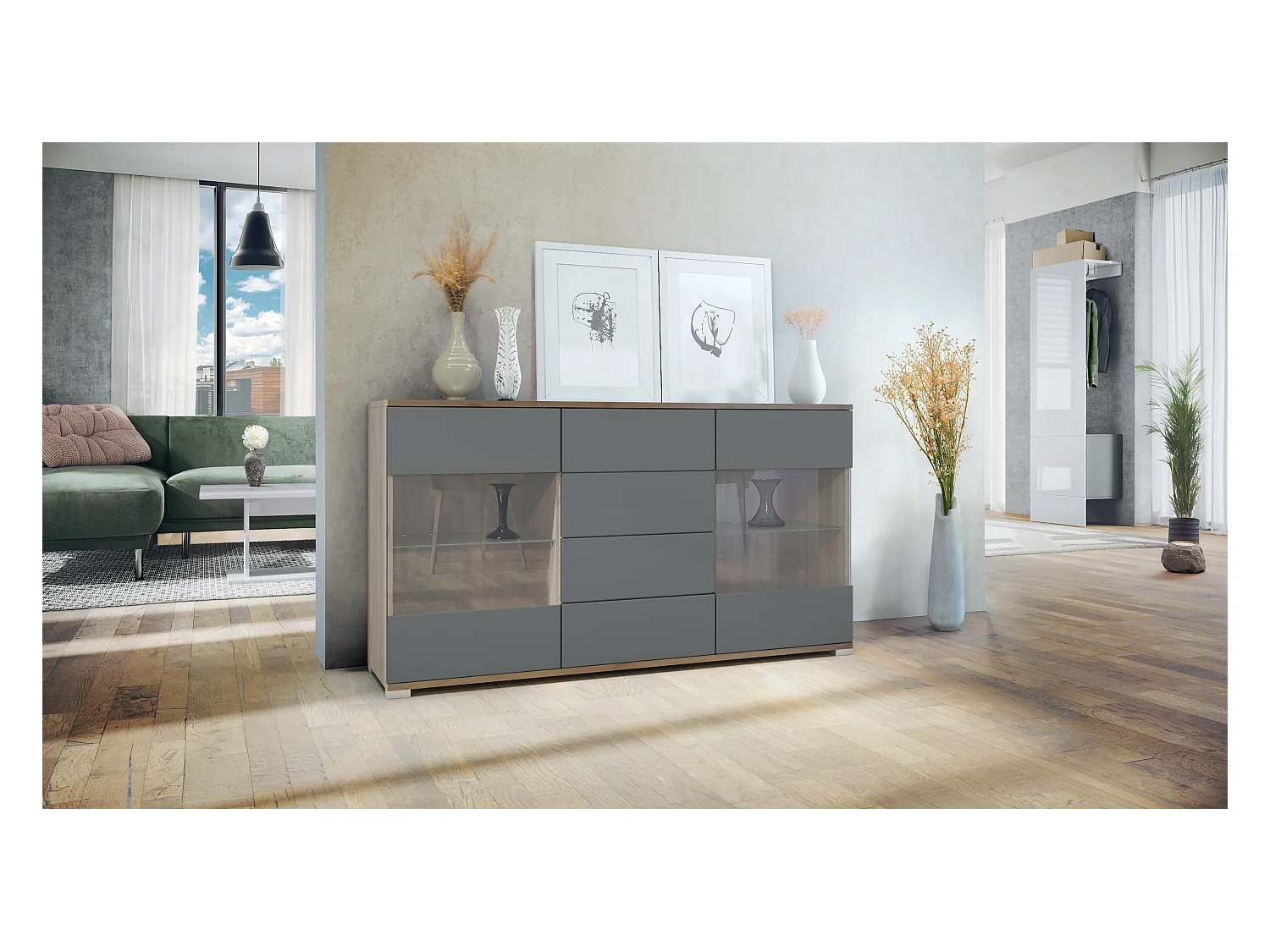 Buffet Bari V1 – Meuble avec 2 Grandes Portes et 4 Tiroirs, Chêne Evoke/graphite satiné mat (138,5 x 75,5 x 35)