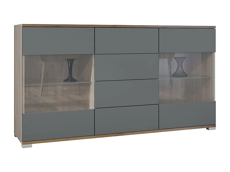 Buffet Bari V1 – Meuble avec 2 Grandes Portes et 4 Tiroirs, Chêne Evoke/graphite satiné mat (138,5 x 75,5 x 35)