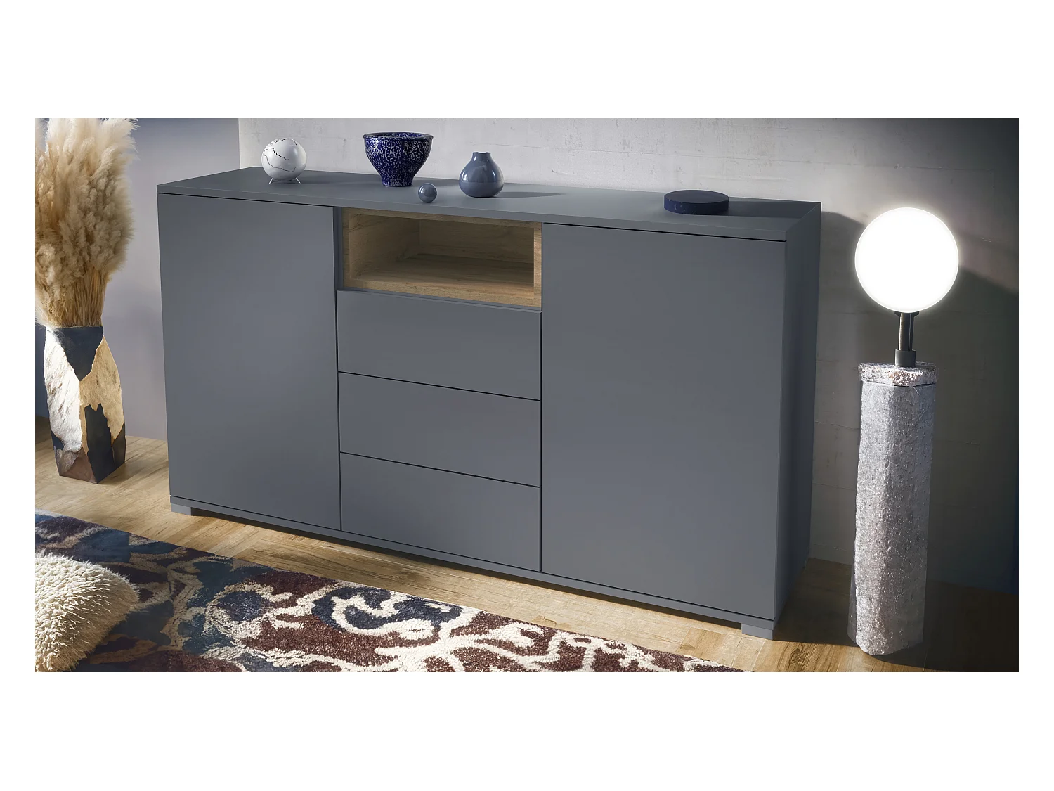 Skadu V2 Buffet, Commode avec 2 portes, 3 tiroirs et 1 compartiment ouvert, anthracite mat/Chêne Evoke (138,5 x 75,5 x 35 cm)