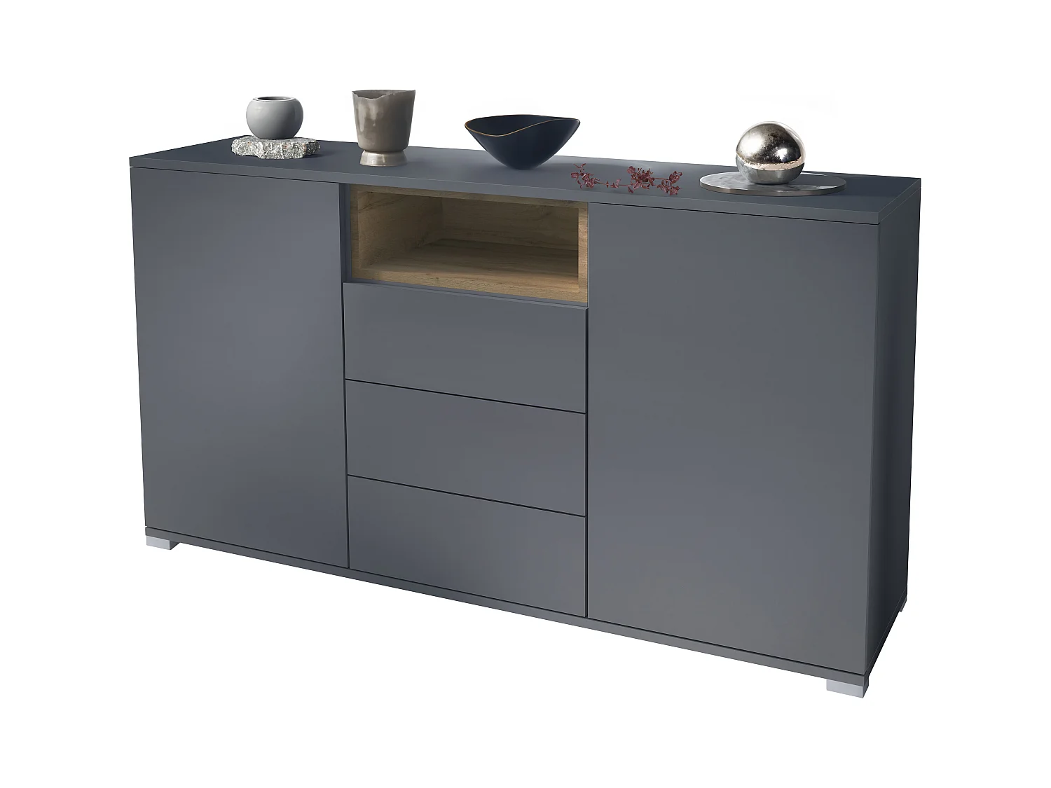 Skadu V2 Buffet, Commode avec 2 portes, 3 tiroirs et 1 compartiment ouvert, anthracite mat/Chêne Evoke (138,5 x 75,5 x 35 cm)