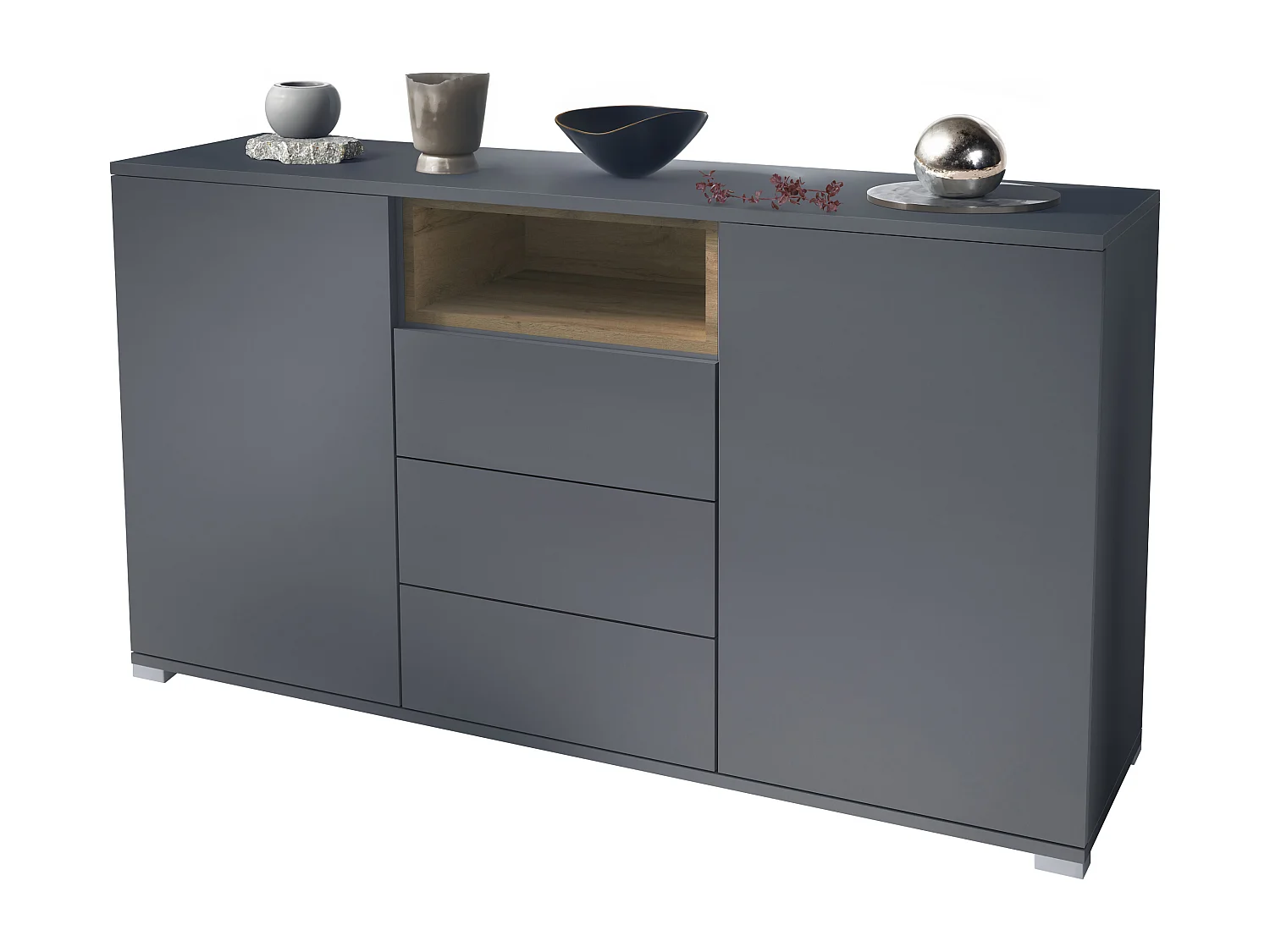 Skadu V2 Buffet, Commode avec 2 portes, 3 tiroirs et 1 compartiment ouvert, anthracite mat/Chêne Evoke (138,5 x 75,5 x 35 cm)