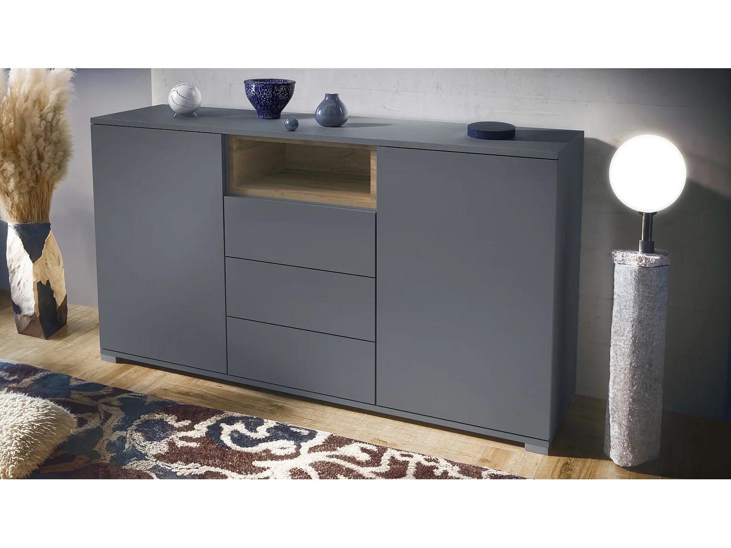 Skadu V2 Buffet, Commode avec 2 portes, 3 tiroirs et 1 compartiment ouvert, anthracite mat/Chêne Evoke (138,5 x 75,5 x 35 cm)