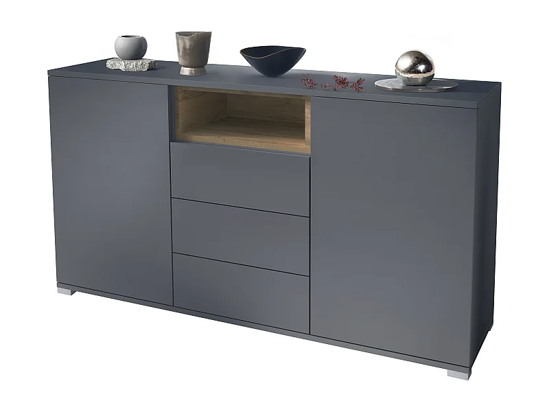 Skadu V2 Buffet, Commode avec 2 portes, 3 tiroirs et 1 compartiment ouvert, anthracite mat/Chêne Evoke (138,5 x 75,5 x 35 cm)