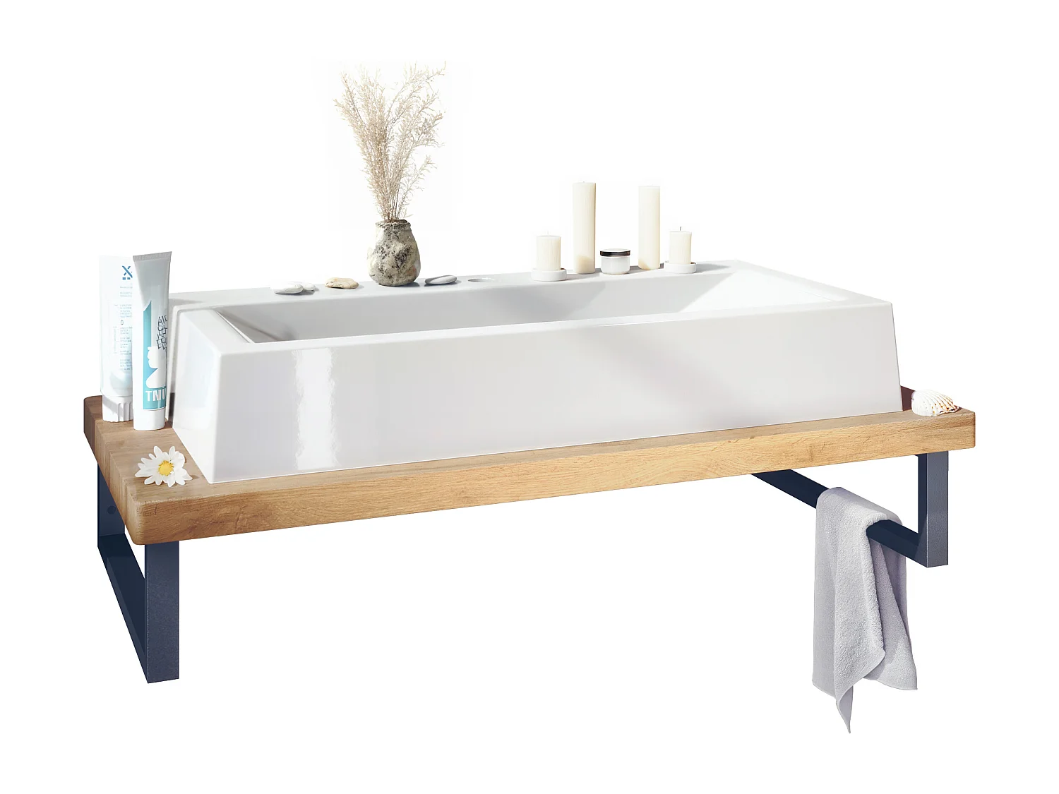 Vasque Nizza avec plateau de lavabo de couleur Chêne Wotan et support de lavabo en métal noir (95 x 31,4 x 51 cm)