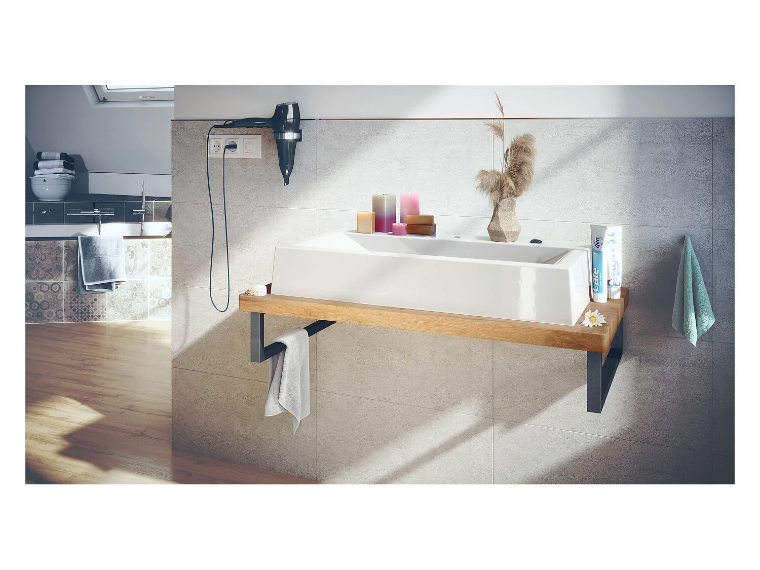 Vasque Nizza avec plateau de lavabo de couleur Chêne Wotan et support de lavabo en métal noir (95 x 31,4 x 51 cm)