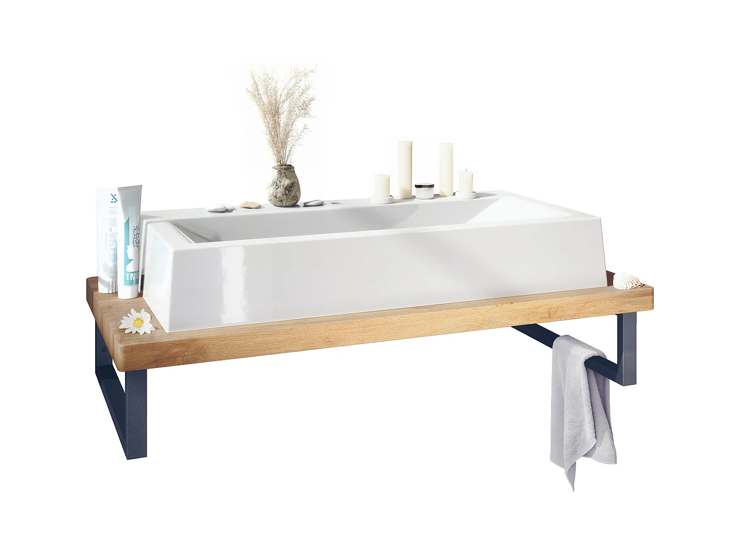 Lavabo Nizza con encimera en color Roble Wotan y soporte de lavabo de metal negro (95 x 31,4 x 51 cm)