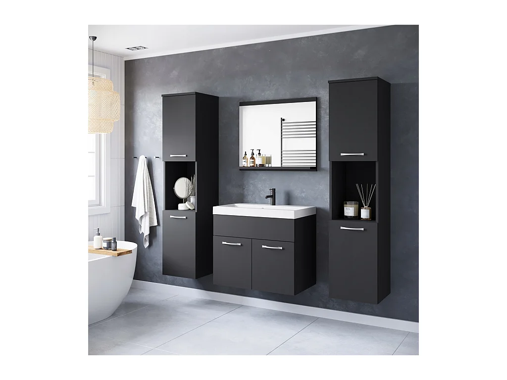 Ensemble de salle de bain suspendu avec lavabo, miroir et 2 colonnes, noir mat