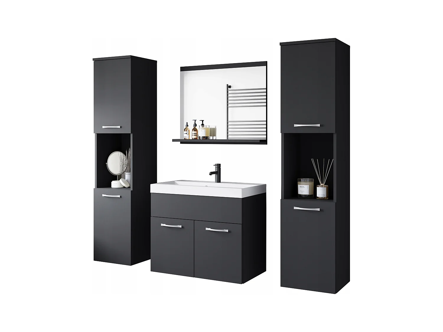 Ensemble de salle de bain suspendu avec lavabo, miroir et 2 colonnes, noir mat