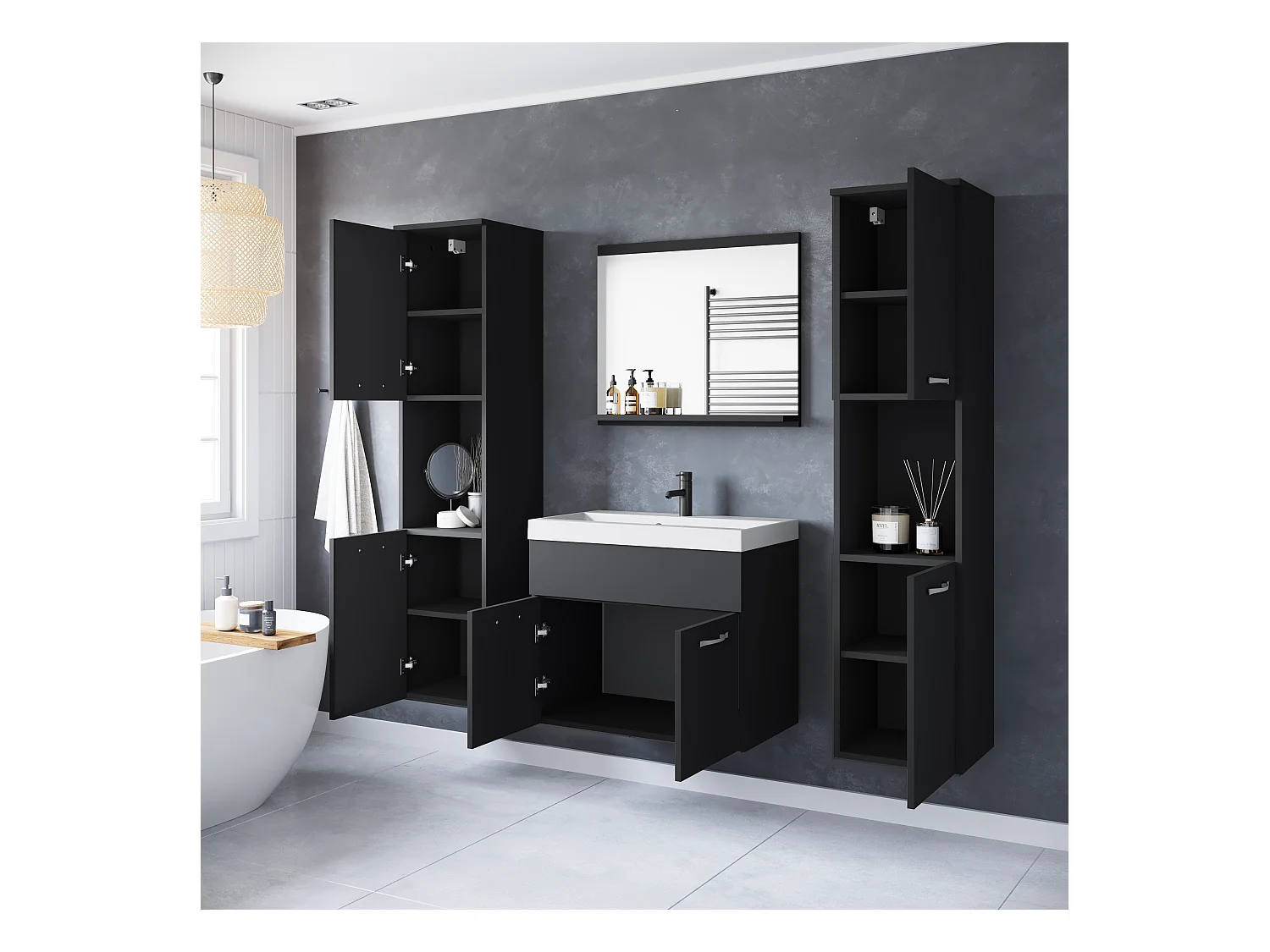Ensemble de salle de bain suspendu avec lavabo, miroir et 2 colonnes, noir mat