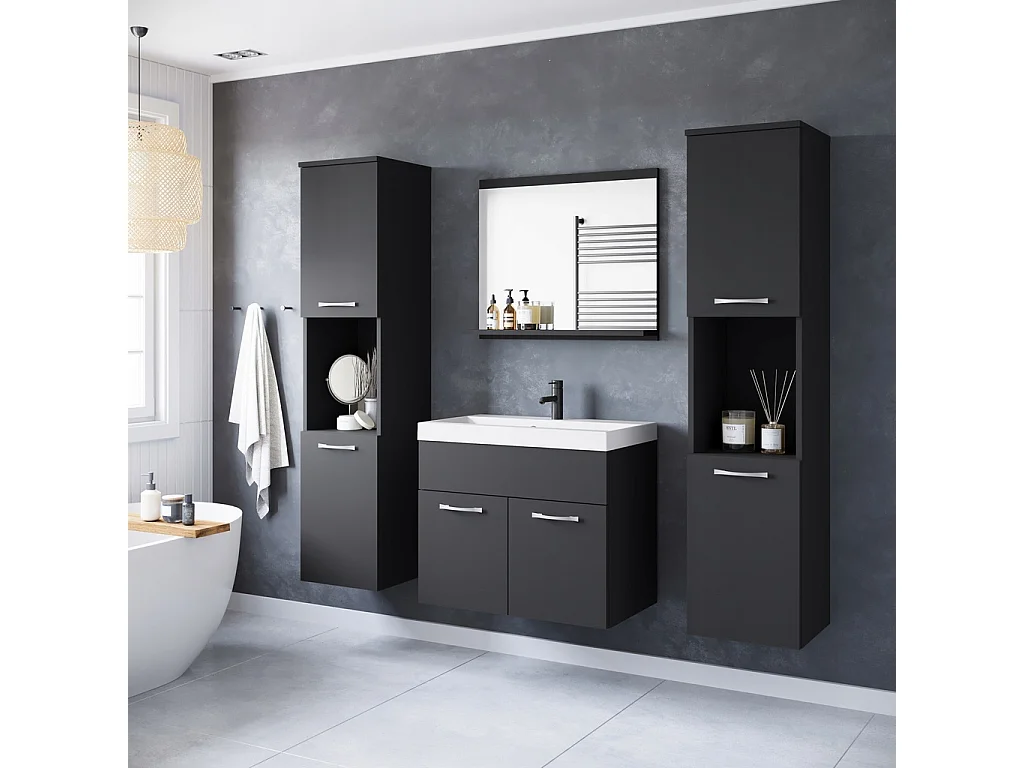 Ensemble de salle de bain suspendu avec lavabo, miroir et 2 colonnes, noir mat