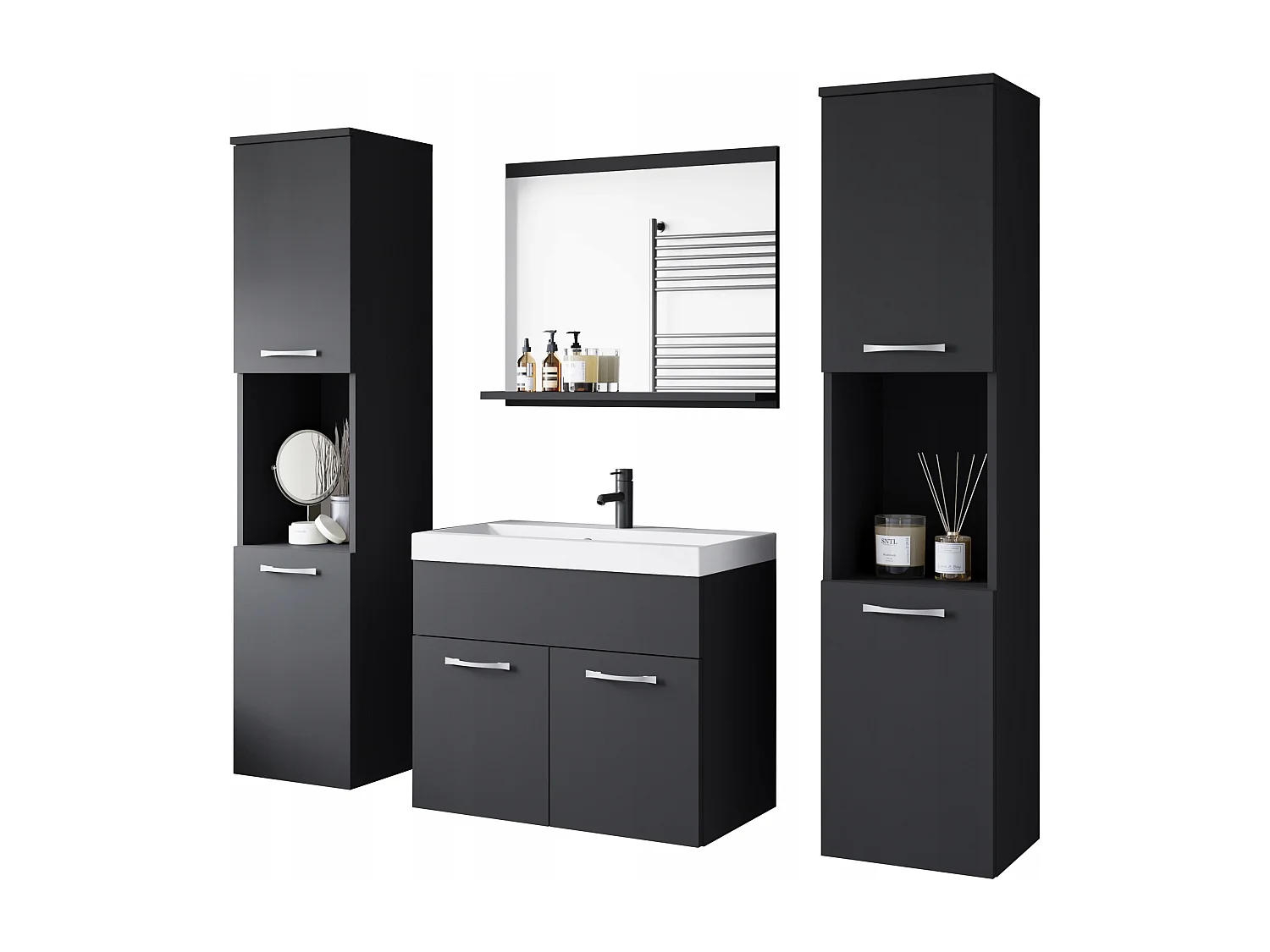 Ensemble de salle de bain suspendu avec lavabo, miroir et 2 colonnes, noir mat