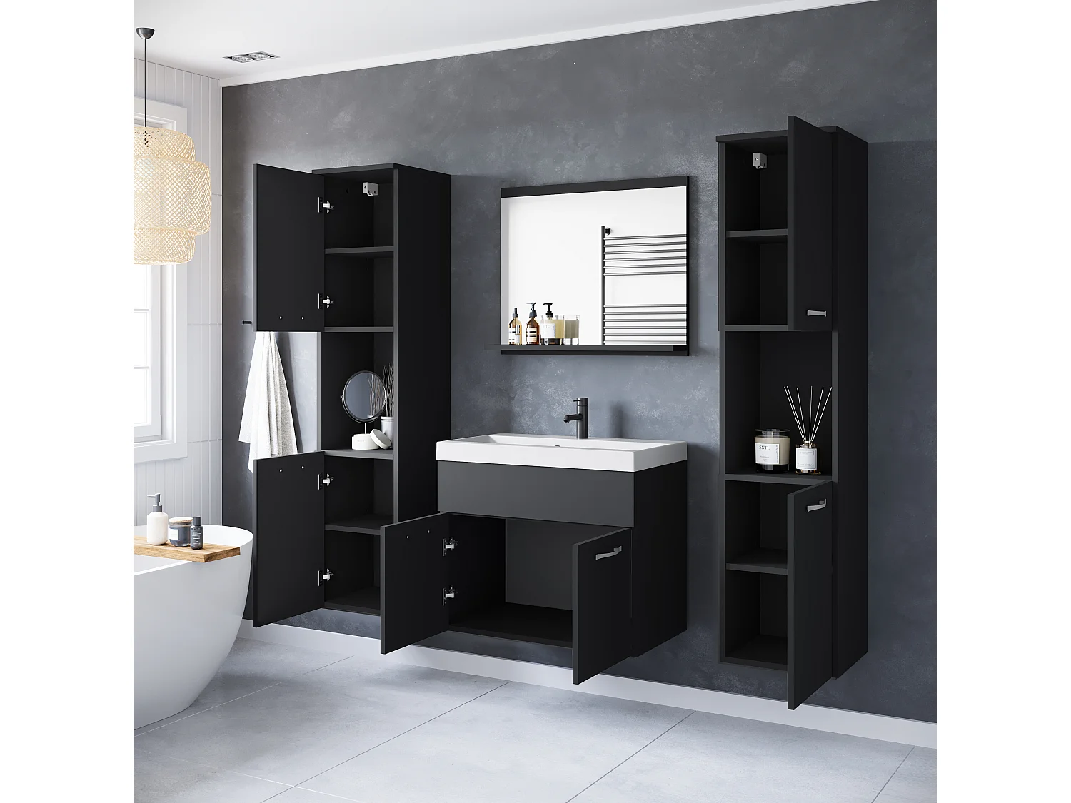 Ensemble de salle de bain suspendu avec lavabo, miroir et 2 colonnes, noir mat
