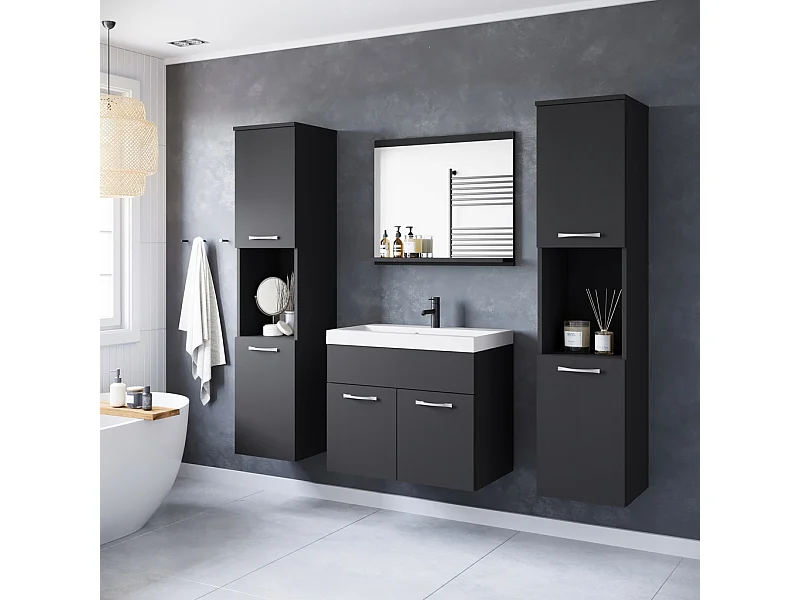 Ensemble de salle de bain suspendu avec lavabo, miroir et 2 colonnes, noir mat