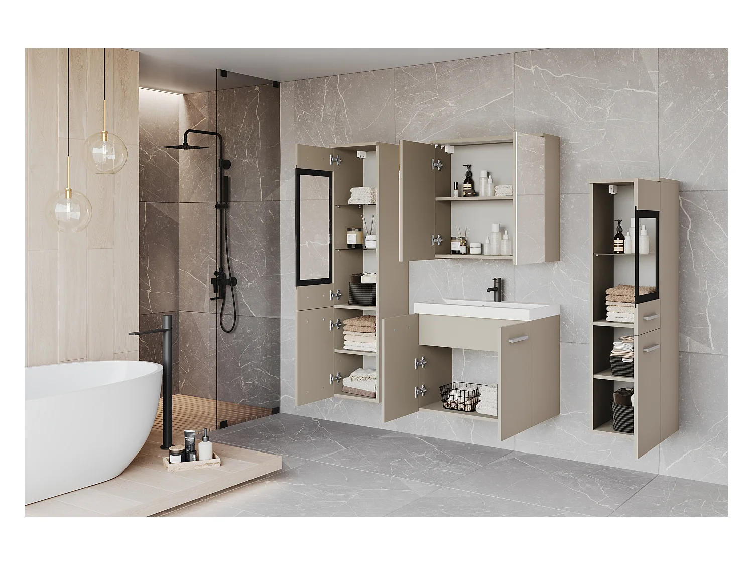 Ensemble de salle de bain suspendu avec lavabo, 2 colonnes et armoire miroir, beige cachemire mat