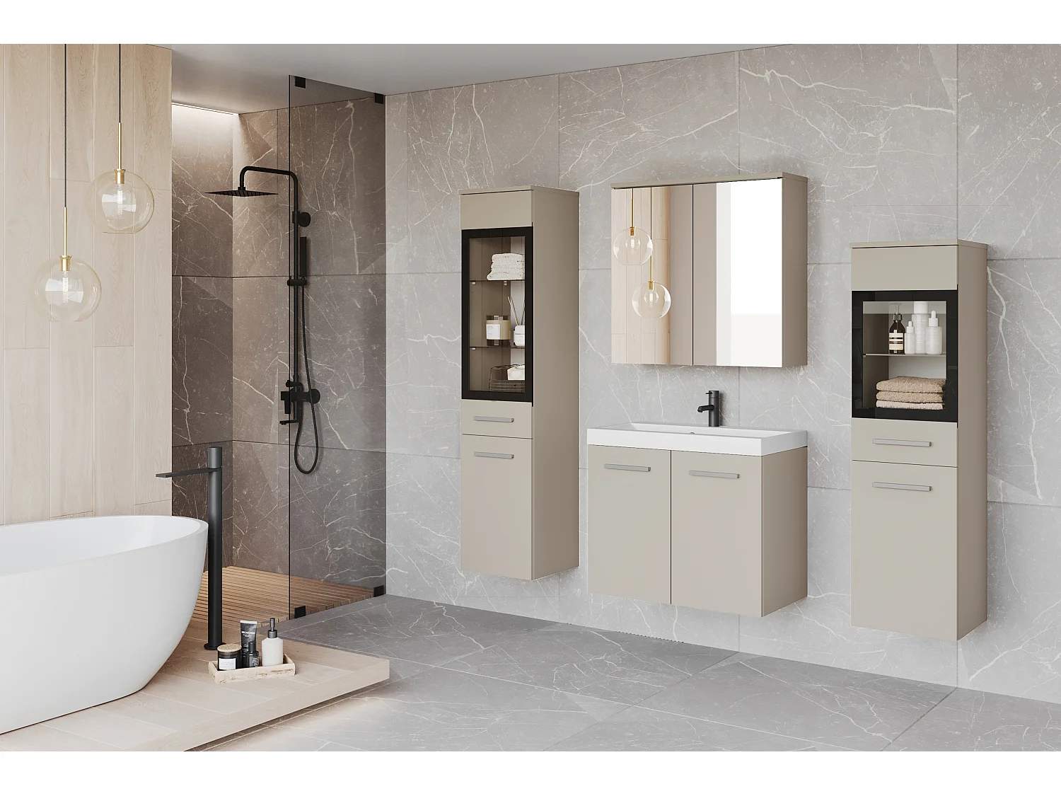 Ensemble de salle de bain suspendu avec lavabo, 2 colonnes et armoire miroir, beige cachemire mat