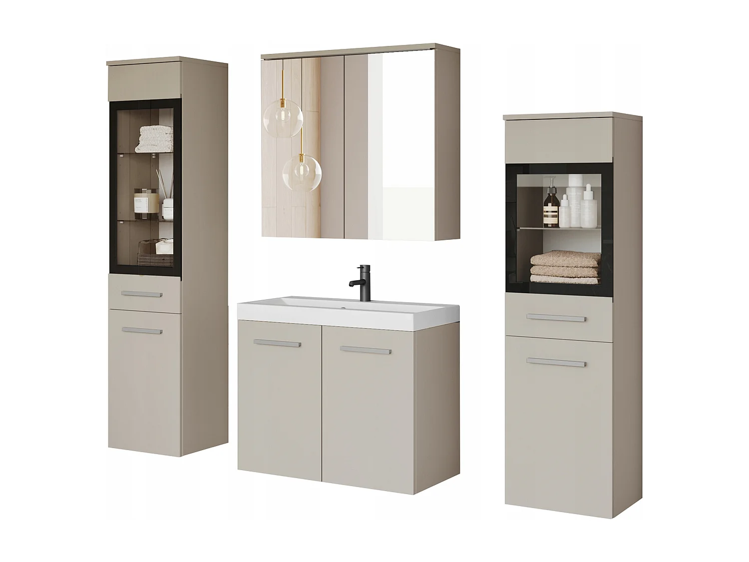 Badkamer set hangend met wastafel, 2 kolomkasten en spiegelkast, kasjmier beige mat