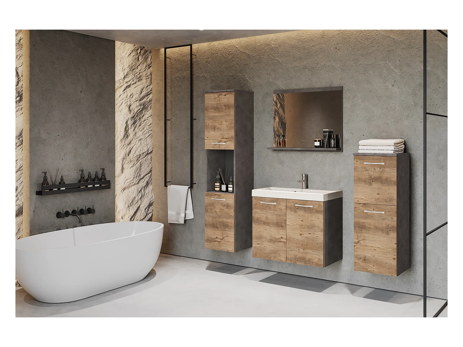 Meubles de salle de bain, ensemble suspendu avec lavabo, miroir et 2 colonnes, corps matera façades châtaignier mat