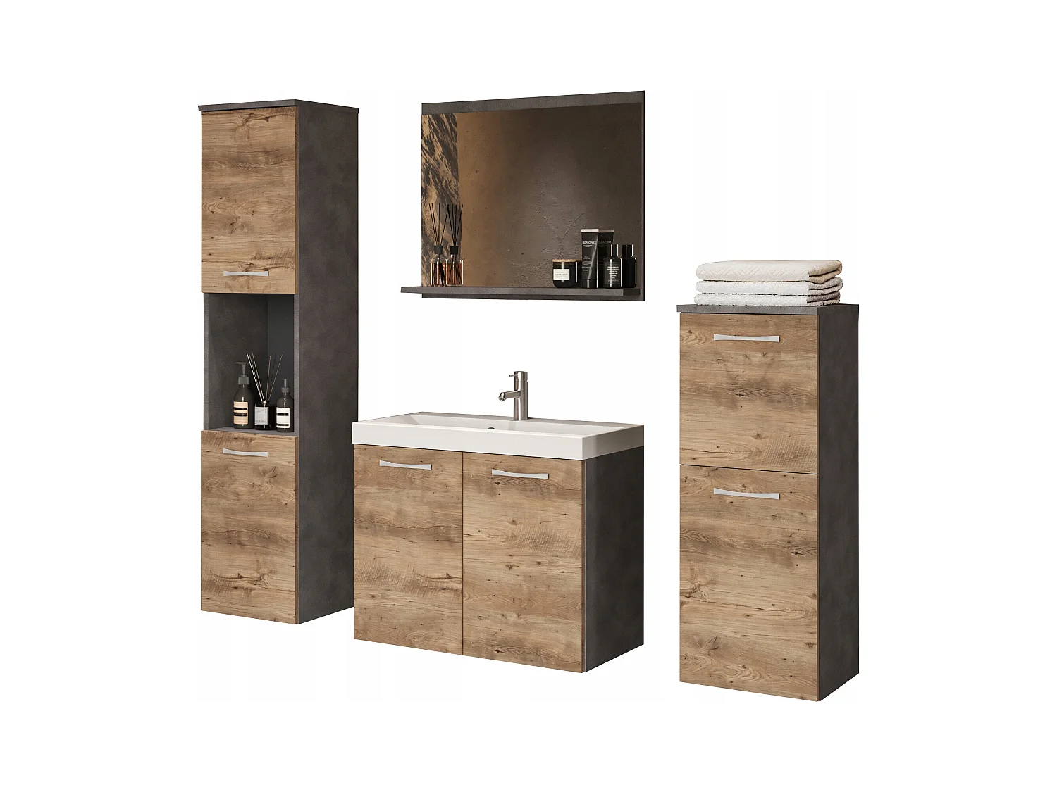 Meubles de salle de bain, ensemble suspendu avec lavabo, miroir et 2 colonnes, corps matera façades châtaignier mat