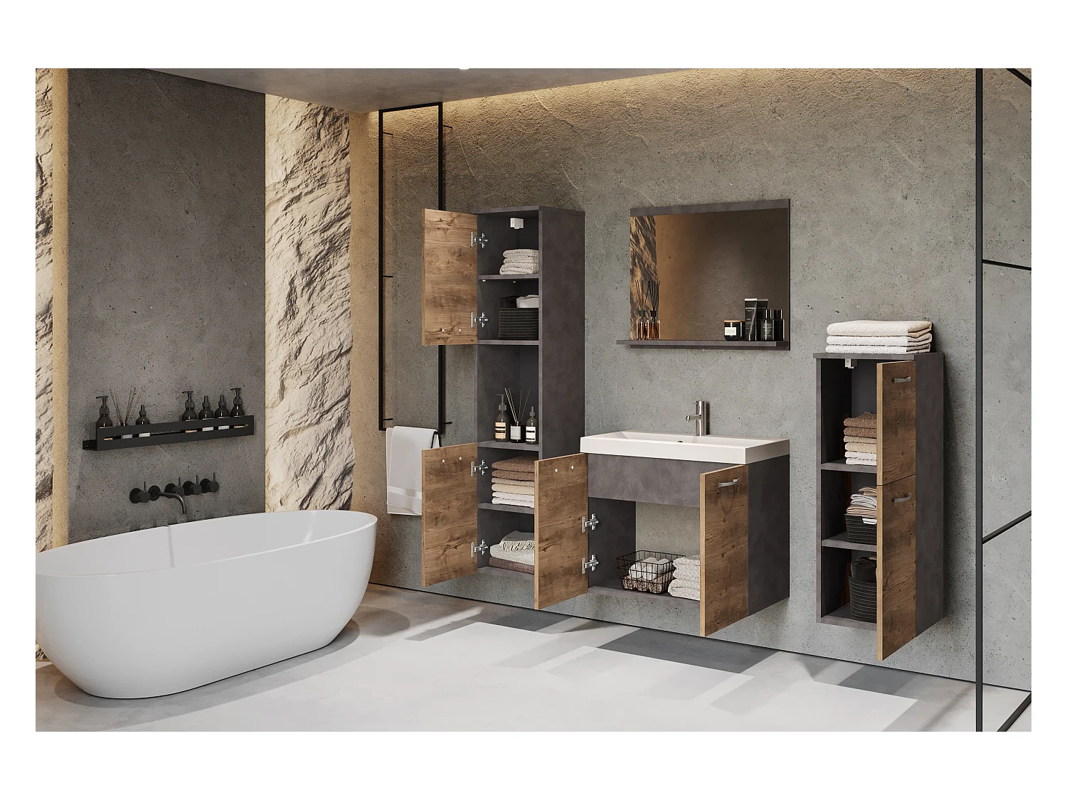 Meubles de salle de bain, ensemble suspendu avec lavabo, miroir et 2 colonnes, corps matera façades châtaignier mat