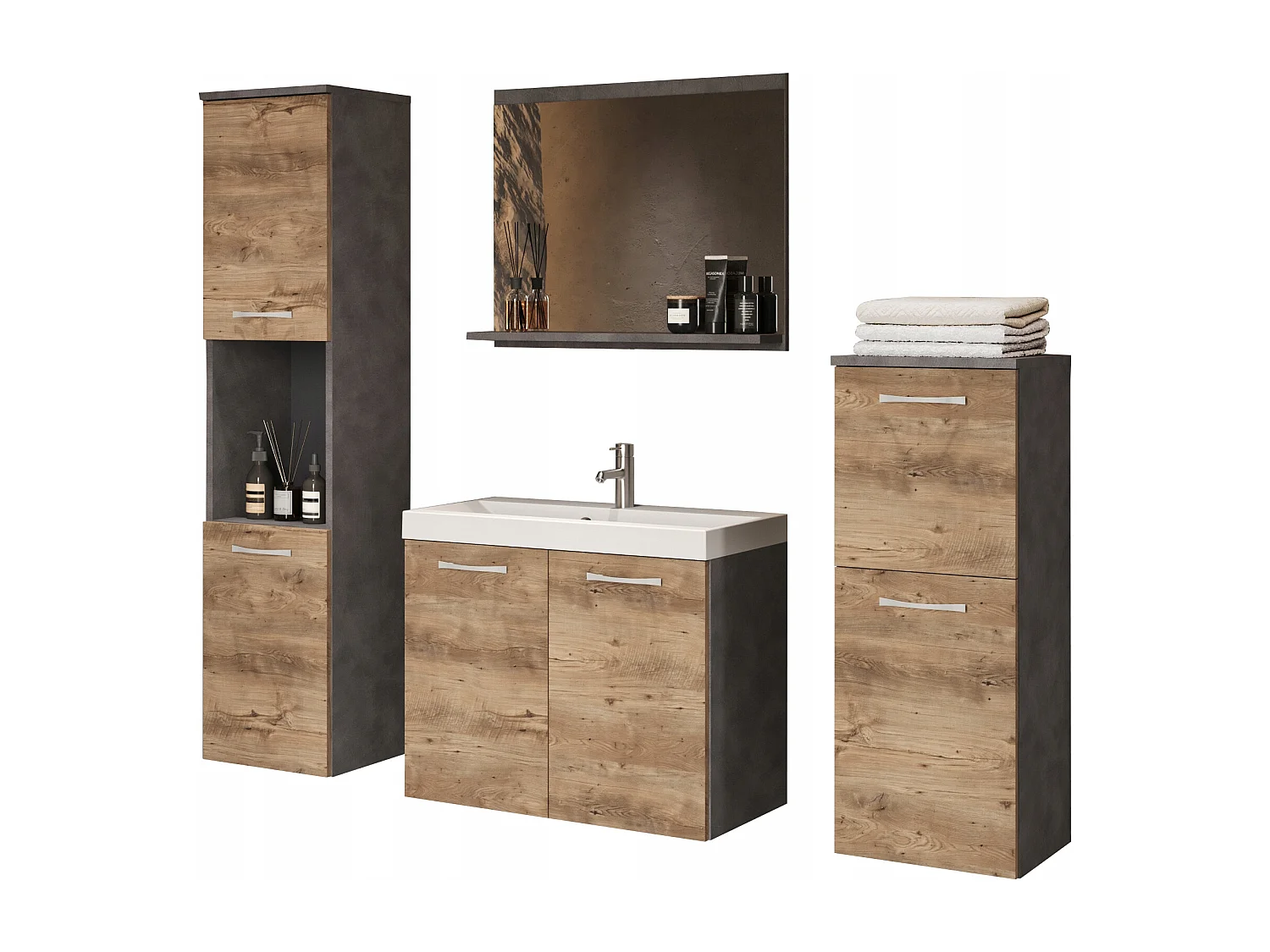 Muebles de baño, conjunto colgante con lavabo, espejo y 2 columnas, cuerpo matera frentes castaño mate