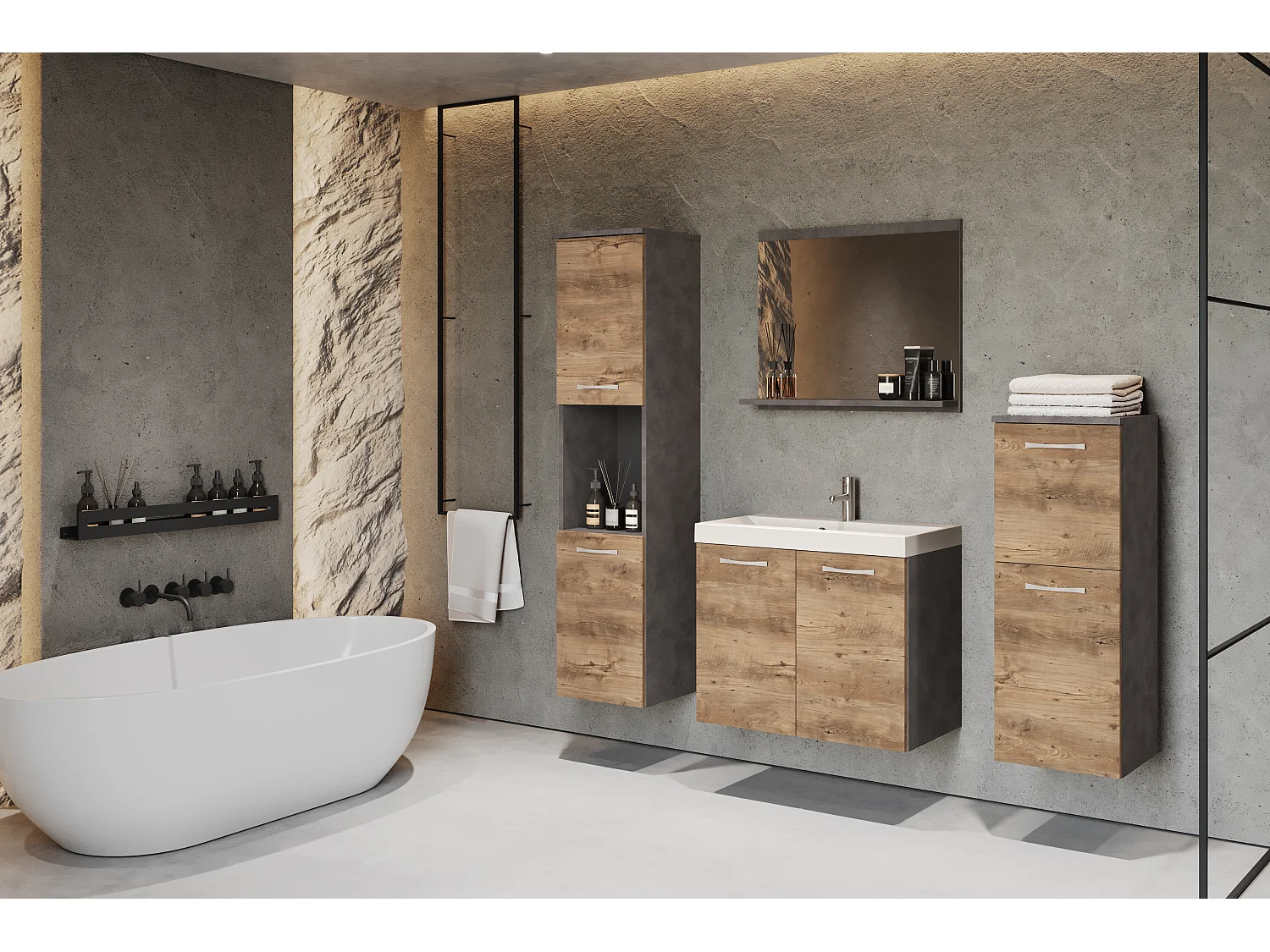 Muebles de baño, conjunto colgante con lavabo, espejo y 2 columnas, cuerpo matera frentes castaño mate