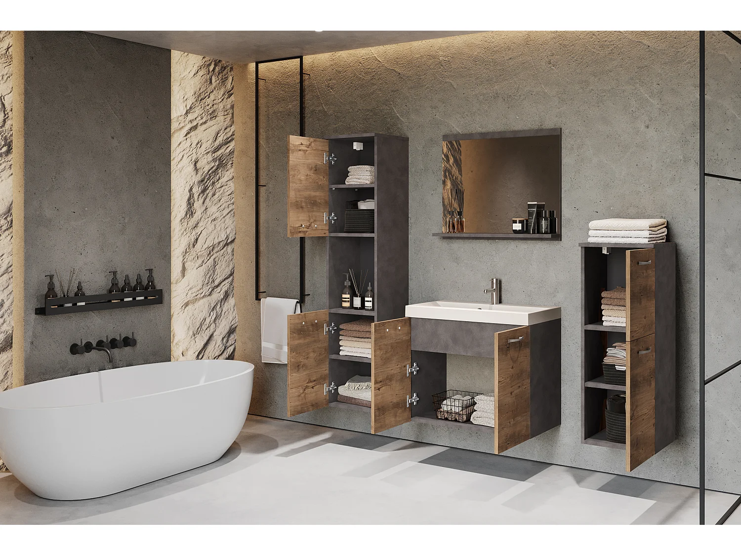Muebles de baño, conjunto colgante con lavabo, espejo y 2 columnas, cuerpo matera frentes castaño mate