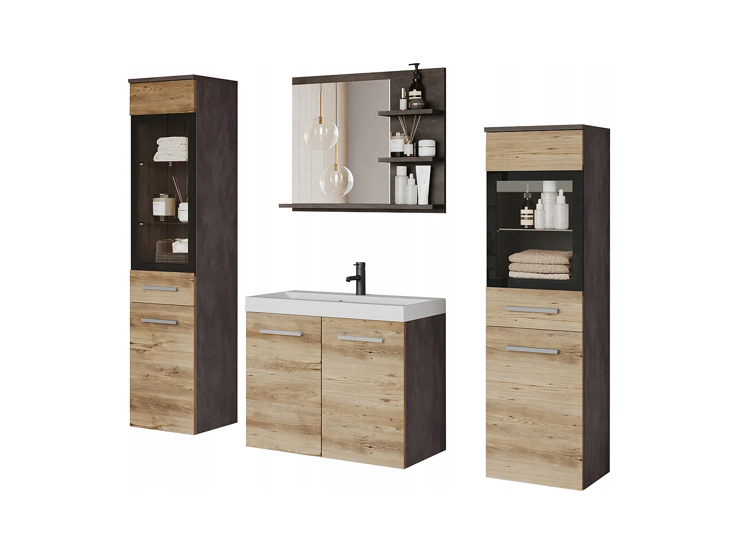 Ensemble de salle de bain, meubles suspendus avec lavabo, 2 colonnes et miroir avec étagères, matera / châtaignier de Breslau mat