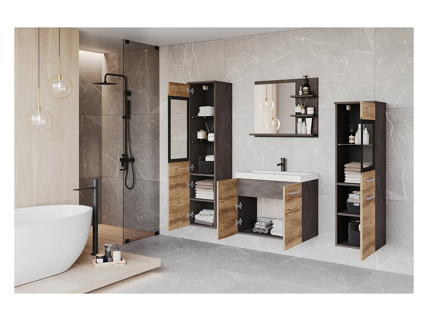 Ensemble de salle de bain, meubles suspendus avec lavabo, 2 colonnes et miroir avec étagères, matera / châtaignier de Breslau mat