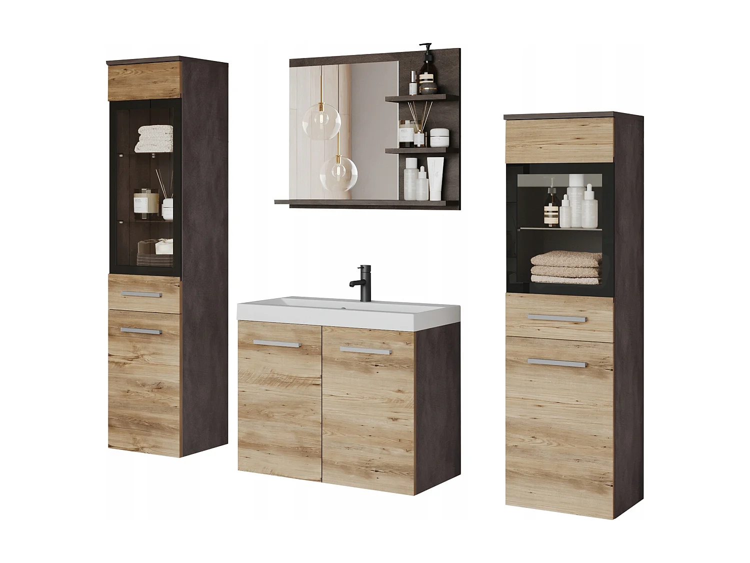 Ensemble de salle de bain, meubles suspendus avec lavabo, 2 colonnes et miroir avec étagères, matera / châtaignier de Breslau mat