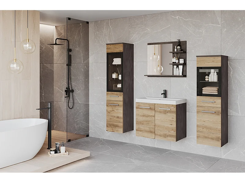 Ensemble de salle de bain, meubles suspendus avec lavabo, 2 colonnes et miroir avec étagères, matera / châtaignier de Breslau mat